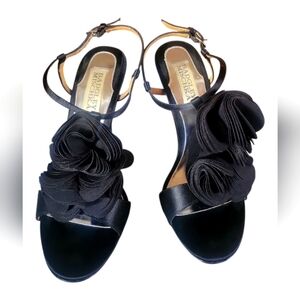 Badgley Mischka Women's Rose Petals Detail Randee Black Satin Sandals 6 1/2 M